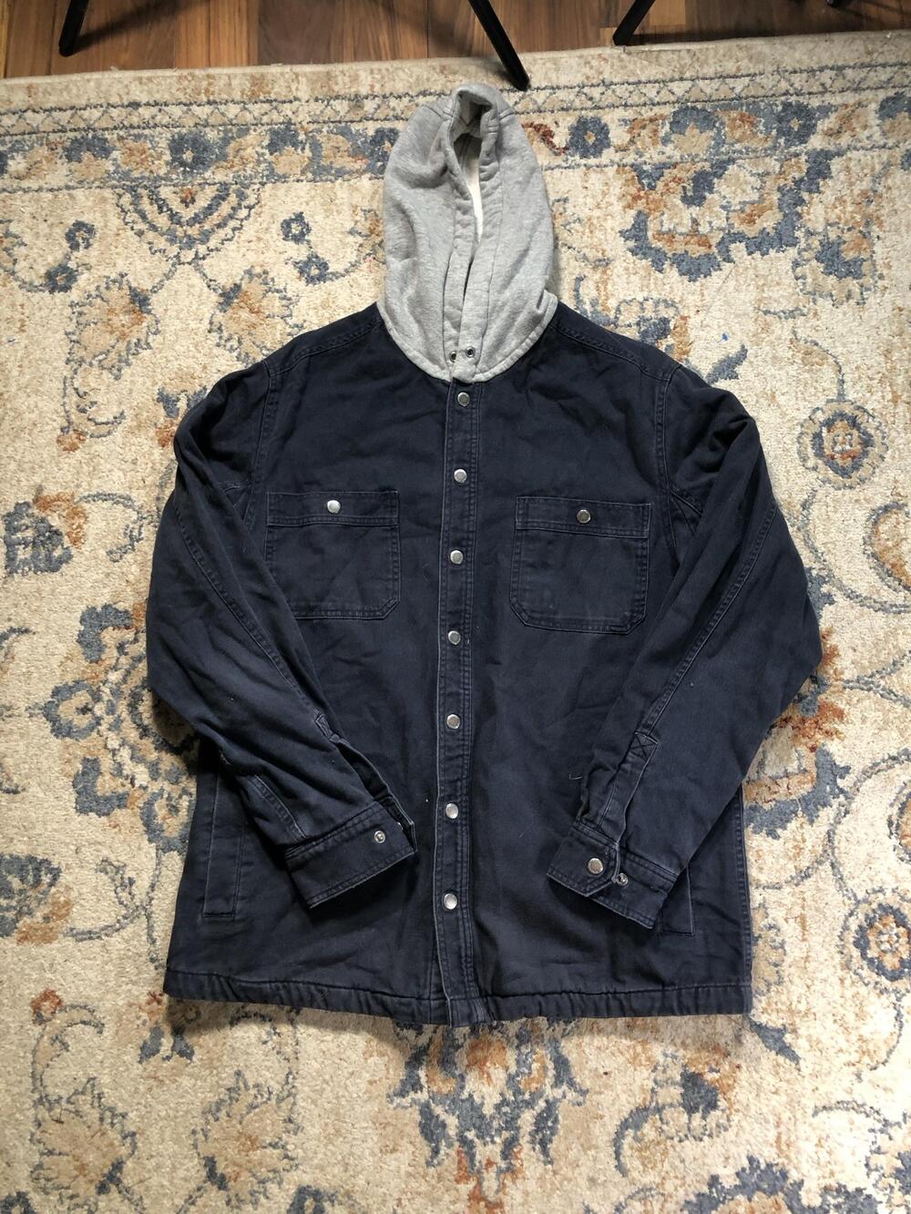 Duluth Trading Co Jacket Mens Large Blue Canvas Hooded Snap Front Lined Parka